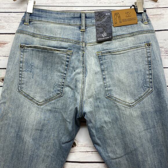 Men's Z ZLZ Distressed Skinny Fit Denim Blue Jeans 30W NWT 30x32 Ripped Stretch - Picture 4 of 11